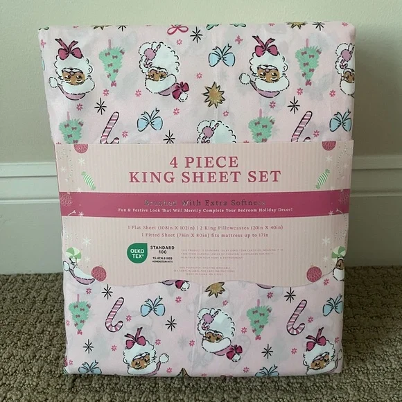 Envogue Pastel Pink Coquette Santa King Sheet Set New Holiday Christmas - Picture 3 of 5